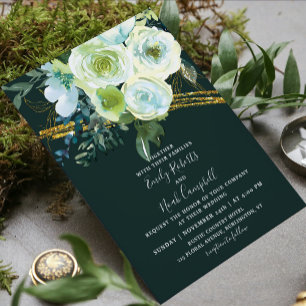 Green Turquoise Floral Gold Glitzer Foto Hochzeit Einladung