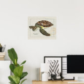 Green Turtle Over Nautic Chart Poster (Heimbüro)