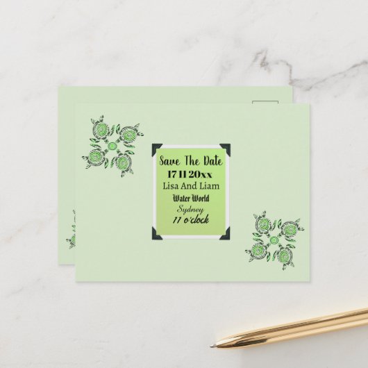 Green Turtles Dot Art Save the Date, Postkarte (Vorderseite/Rückseite Beispiel)