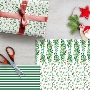 Green Twigs & Red Berries Mixed Christmas Patterns Geschenkpapier Set