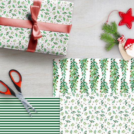 Green Twigs & Red Berries Mixed Christmas Patterns Geschenkpapier Set