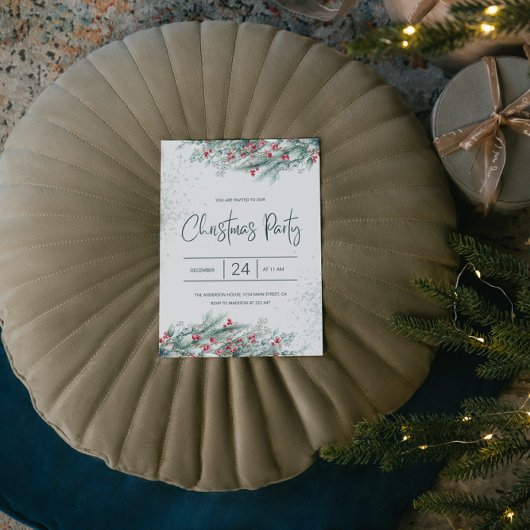 Green Twigs Red Holly Berries Weihnachten Einladung