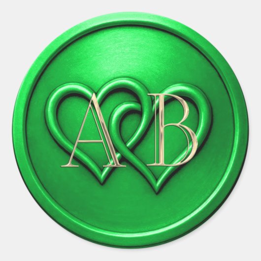 Green Two Hearts Intertwined Monogram Wedding Runder Aufkleber (Vorderseite)