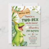 Green Two Rex On The Loose Second Birthday Einladung (Vorderseite)