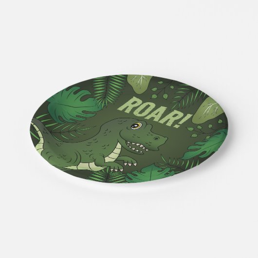 Green Tyrannosaurus Rex T-rex Tropical Birthday Pappteller (Schrägansicht)
