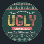 Green Ugly Sweater Christmas Nordic Strick Custom Runder Aufkleber<br><div class="desc">"Nimm dir ein hässliches Weihnachtsgeschenk." Feiern Sie die Urlaubssaison mit diesen einzigartigen, lustigen Aufklebern im "Stil"! Ein niedliches, nordisches Strick-Paradies aus Krustbäumen, Rentieren, Ziergegenständen, zusammen mit spielerischer "Pullover"-Typografie in Ziegelrot, staubigen Grün, dunklem Gold, Rose Rosa und Stahlblau, überlagert einen dunklen, Jägergrünen Hintergrund. Wählen Sie aus einer runden oder quadratischen Form,...</div>