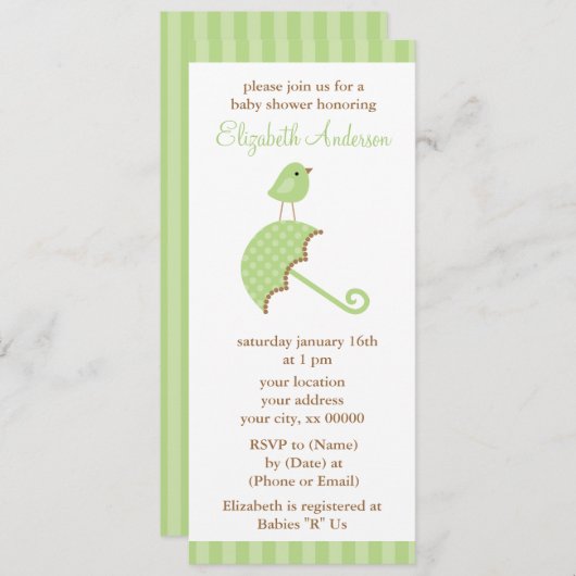 Green Umbrella Bird Baby Dusche Einladung (Vorne/Hinten)