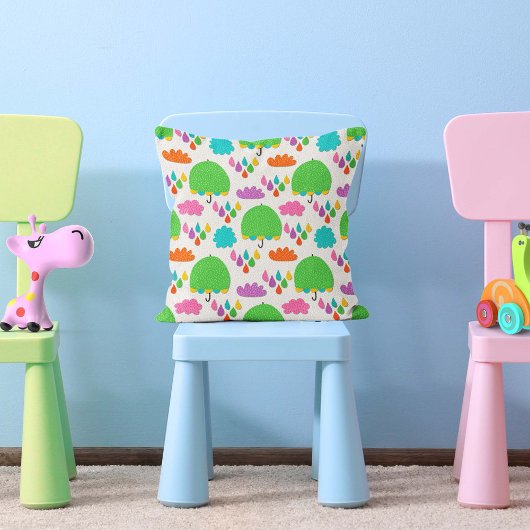 Green Umbrellas with Clouds and Raindrops Kissen