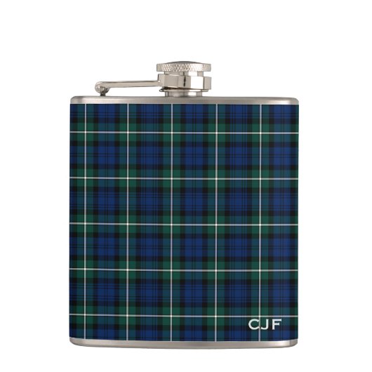 Green und Blue Clan Forbes Tartan Monogram Flachmann (Vorderseite)