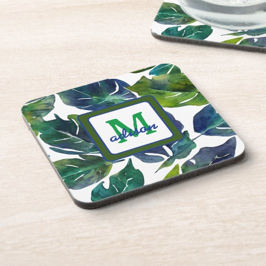 Green und Blue Foliage Philodendron Mit Monogramm Getränkeuntersetzer (Linke Seite)