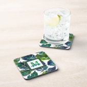 Green und Blue Foliage Philodendron Mit Monogramm Getränkeuntersetzer (Rechte Seite)