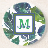 Green und Blue Foliage Philodendron Mit Monogramm Getränkeuntersetzer (Vorne)