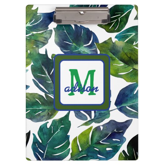 Green und Blue Foliage Philodendron Mit Monogramm Klemmbrett (Vorderseite)