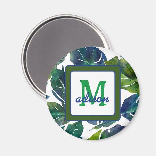 Green und Blue Foliage Philodendron Mit Monogramm Magnet (Vorderseite/Rückseite)