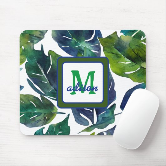 Green und Blue Foliage Philodendron Mit Monogramm Mousepad (Mit Mouse)