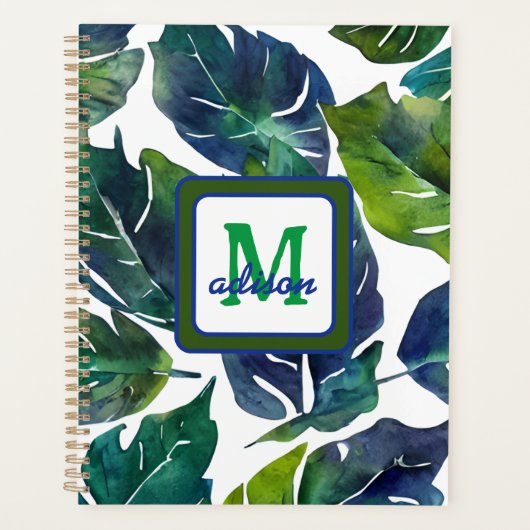 Green und Blue Foliage Philodendron Mit Monogramm Planer (Vorderseite)