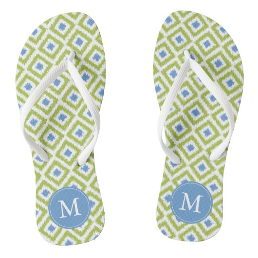 Green und Blue Ikat Muster Monogram Badesandalen (Fußbett)