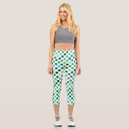 Green und Blue Polka Punkte Nahtloses Muster Capri Leggings (Vorderseite)