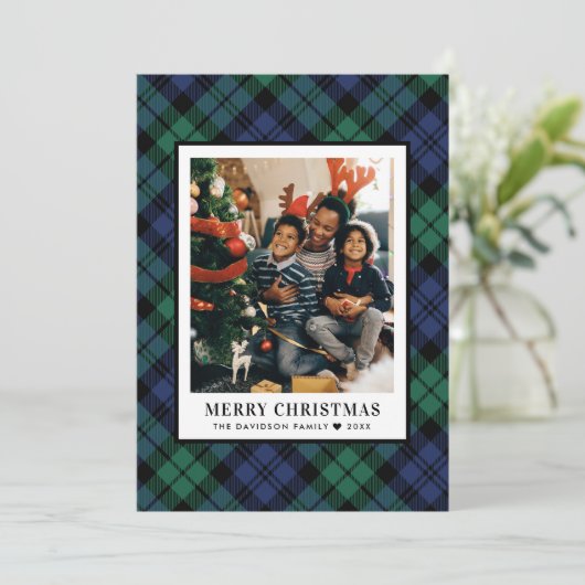 Green und Blue Tartan Kariert Frohe Weihnachten Fo (Stehend Vorderseite)