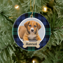 Green und Blue Tartan Kariertes Custom Dog Foto Keramik Ornament