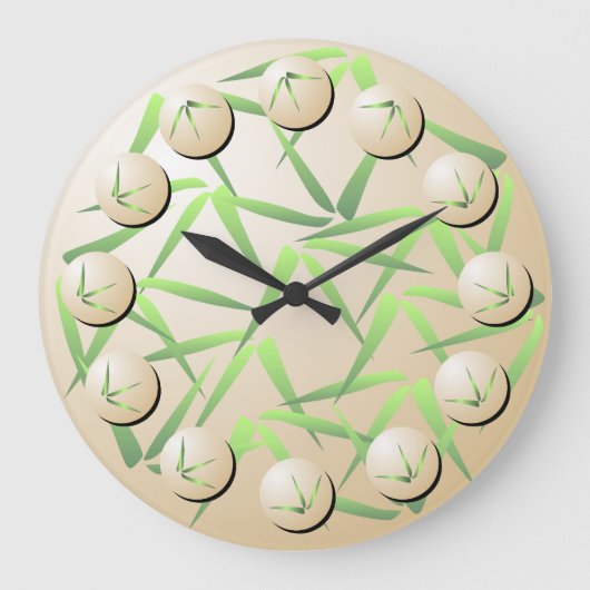 Green und Cream Bamboo Leaf Wall Clock Große Wanduhr (Vorderseite)