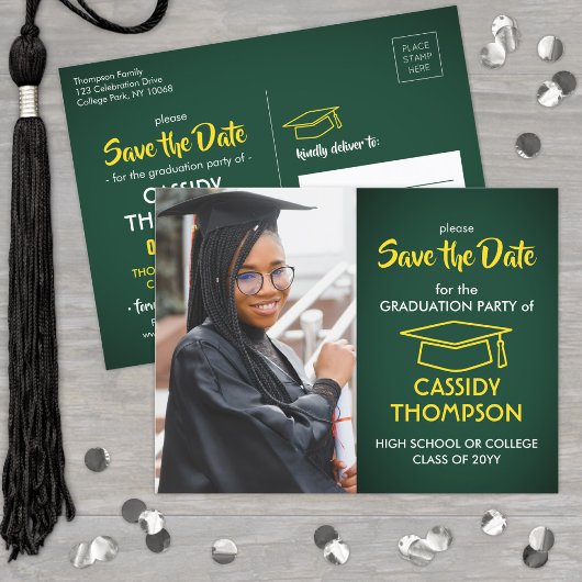Green und Gold Abschluss Foto Save the Date Postkarte