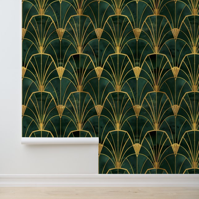 Green und Gold Art Deco Geometrics Tapete (Anwendung)