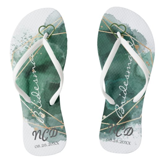 Green und Gold Bridesmaid für Monogram Badesandalen (Fußbett)