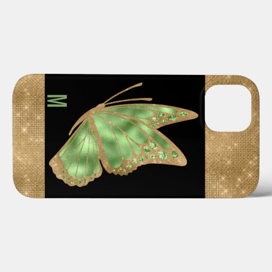 Green und Gold Butterfly Mit Monogramm Case-Mate iPhone Hülle (Rückseite (Horizontal))