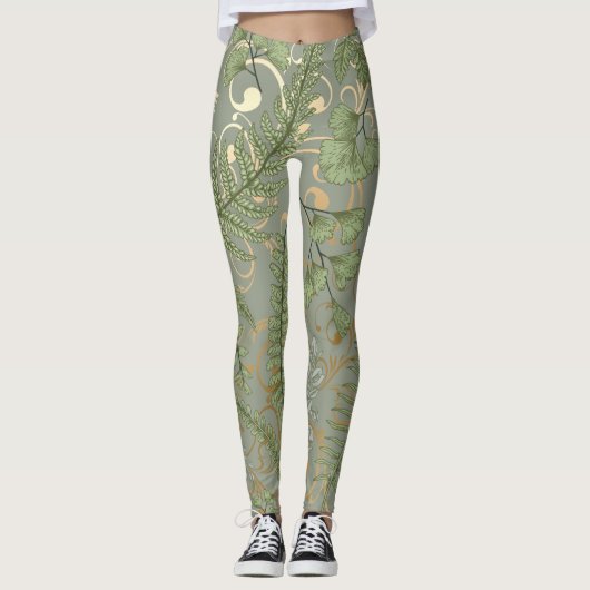 Green und Gold Fern Muster Leggings (Vorderseite)