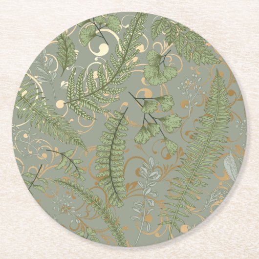 Green und Gold Fern Muster Runder Pappuntersetzer (Vorderseite)