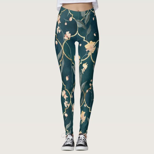 Green und Gold Floral Muster Leggings (Vorderseite)