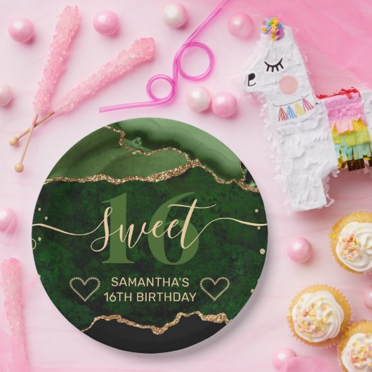 Green und Gold Glitzer Agate Marble Sweet 16 Pappteller (Party)
