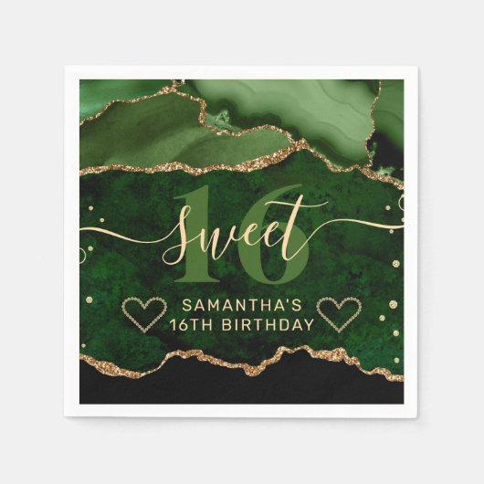 Green und Gold Glitzer Agate Marble Sweet 16 Serviette (Vorderseite)