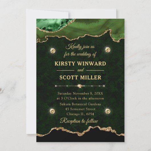 Green und Gold Glitzer Agate Marble Wedding Einladung (Vorderseite)