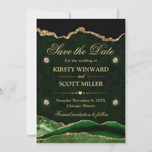 Green und Gold Glitzer Marble Agate Save the Date (Vorderseite)