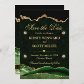 Green und Gold Glitzer Marble Agate Save the Date (Vorne/Hinten)