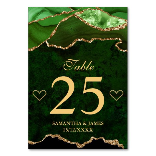 Green und Gold Imitate Glitzer Agate Wedding Tischnummer (Vorderseite)