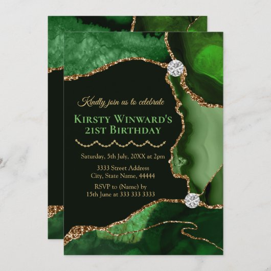 Green und Gold Imitats Glitzer Agate Birthday Part Einladung (Vorne/Hinten)