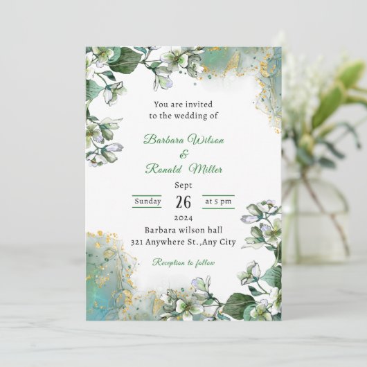 Green und Gold Luxus Einladung (Stehend Vorderseite)