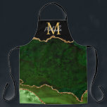 Green und Gold-Marmor Agate Schürze<br><div class="desc">Diese Schürze besticht durch einen eleganten und glamourösen Marmorhintergrund mit geode gemstone Details und Imitaten goldenen Glitzer Akzente. Das Monogramm kombiniert handgeschriebene Skripte mit modernen serifenlosen Schriftart für ein elegantes und raffiniertes Aussehen. Dies wird das ideale Geschenk, da es mit einem Namen und Initial angepasst werden kann. Die tiefen, grünen...</div>