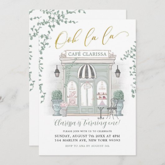 Green und Gold Pariser Café Einladung zum Geburtst (Vorne/Hinten)