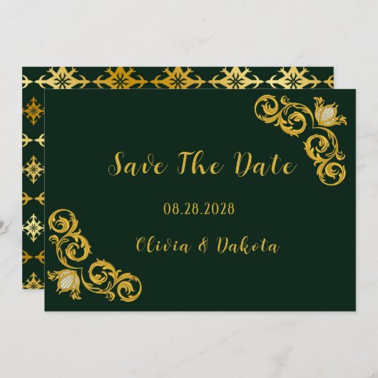 Green und Gold Royal Wedding speichern die Datumsk Einladung (Vorne/Hinten)