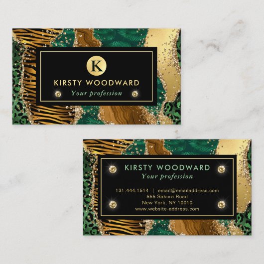 Green und Gold Safari Animal Glitzer Agate Visitenkarte (Vorne/Hinten)