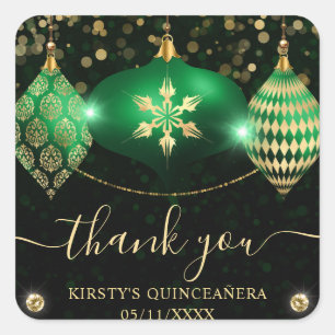 Green und Gold Weihnachtsbaubles Quinceanera Quadratischer Aufkleber