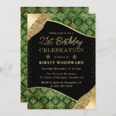 Green und Gold Winter Damask 21. Geburtstag Einladung (Vorne/Hinten)