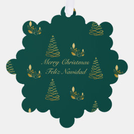 Green und Golden Christmas Bilingual Feliz Navidad Ornament Karte