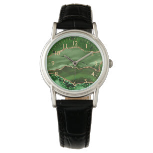 Green und Imitate Gold Glitzer Marble Agate Armbanduhr