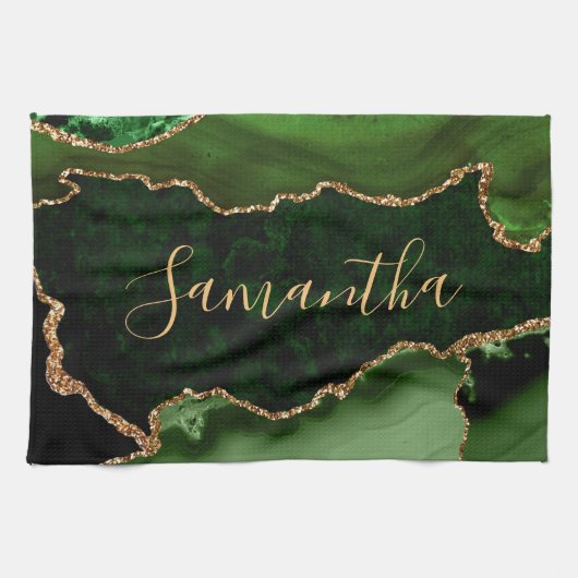Green und Imitate Gold Glitzer Marble Agate Geschirrtuch (Horizontal)