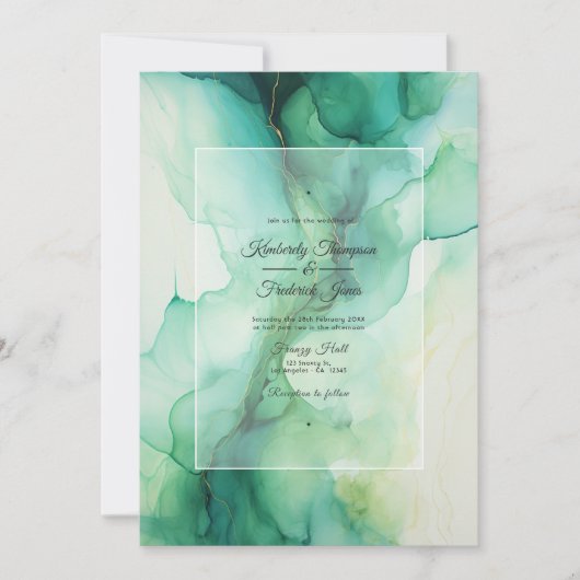 Green und Ivory Alcohol Ink Wedding Einladung (Vorderseite)